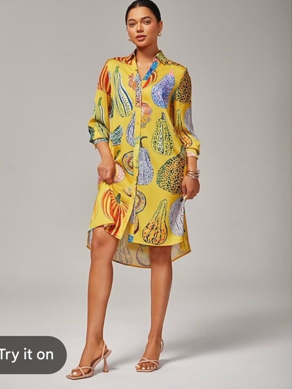 Yellow High-Low Shirt Dress with Pumpkin / Gourds Botanical Print